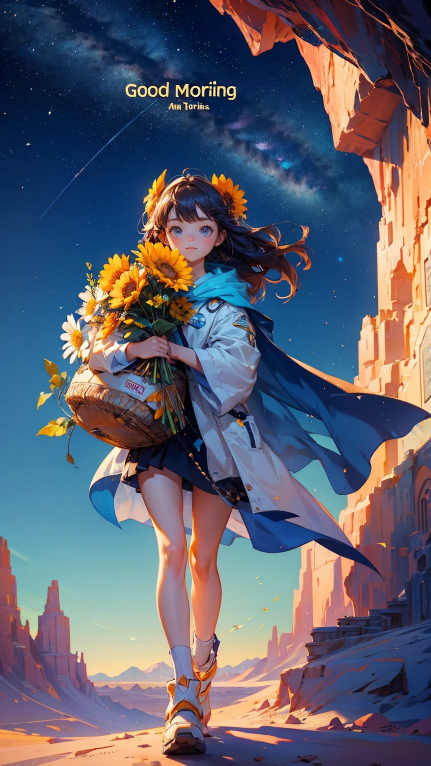 A cute girl with text "GOOD good morning" on its body and various  carrying signs that say words like Earth, , animal, sun, wind, water, robot, sky, flower, mountain, cave, space, and star, features desert-like terrain with small mountains