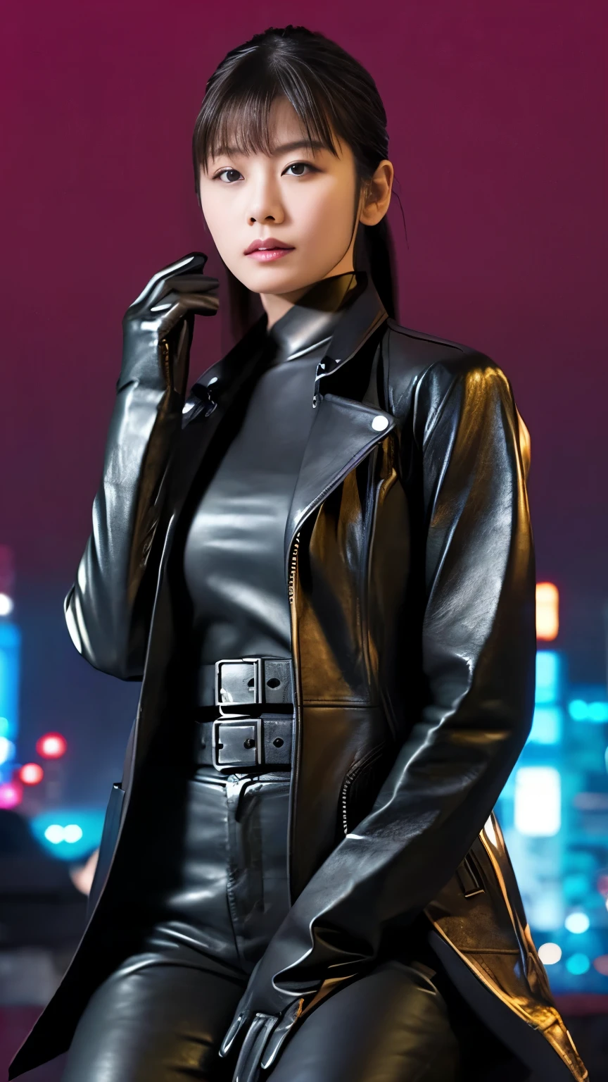 black leather rider jacket, Office in the Dark, Black leather gloved fingertips on both hands,Wearing black leather gloves,Sitting in a black leather chair、 Japanese female new recruits (Black leather gloves cover both hands) (The angle is horizontal)、Black Leather Pants,Black Leather Black Leather Pants,Black Leather Skinny Pants、Long black leather boots on both feet、Black hair ponytail ((He wears black leather gloves on his hands))Full Body Photo,full body shot full body full body leather suit,☺If you turn in this direction。Wearing black leather gloves,Wearing black leather gloves,Wearing black leather gloves,Wearing black leather gloves,Wearing black leather gloves,Wearing black leather gloves,黒のレザーパンツが美しい😍黒のレザーパンツが美しい😍黒のレザーパンツが美しい,😍Smiling while looking at me,City lights、((Neon Cyberpunk City Street:1.3))、(Neon Light)、Detailed lighting、
Best image quality、Ultra-high resolution、(realism:1.4)、Korean Beauty Star、The most beautiful KPOP stars、face、Horny Korean Makeup、A body that makes you want to touch it、Realistic leather texture、Costume made of smooth leather fabric、The drape of the curved parts of the leather fabric、The costume is very shiny、Quality of the costume、8K Photo Quality