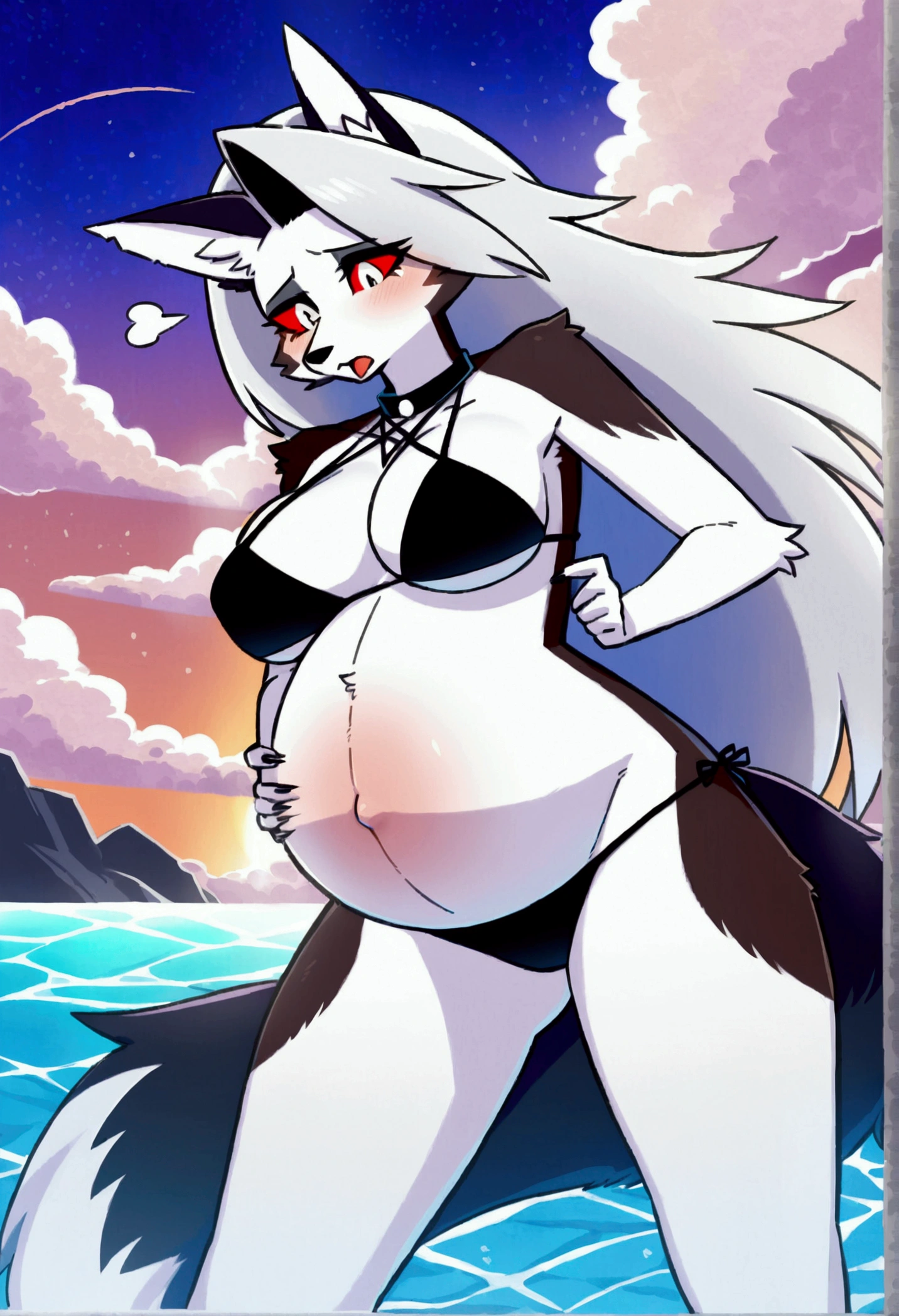 top quality, best quality, by yamame513, High-quality illustrations, masterpiece)(kemono, furry anthro), round, 1 female, Hellhound, Loona, (Helluva Boss), model body, furs, fluffy, tail, big breasts, perfect eyes, red sclera eyes, island bikini, body movement, body twitching, pregnant, nervous, pain, breath, strong contractions, spread legs, labor