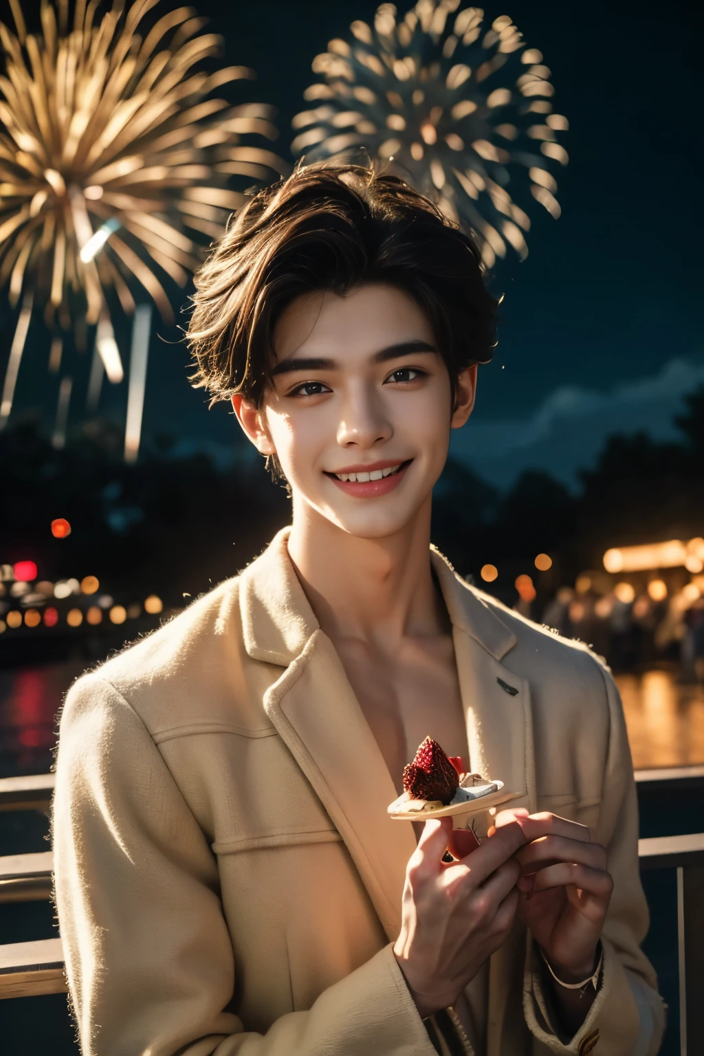 ((top quality, masterpiece, realistic: 1.4, in 8K)), bright, beautiful lighting, very detailed, meticulous, high quality, high resolution, man Gorgeous festival, fireworks, colorful, laughing, look at me, you look happy, beautiful nature, many flowers, fashionable clothes, transparent, many cakes, 22-year-old man, alone, in love with the viewer.Correct skeleton.