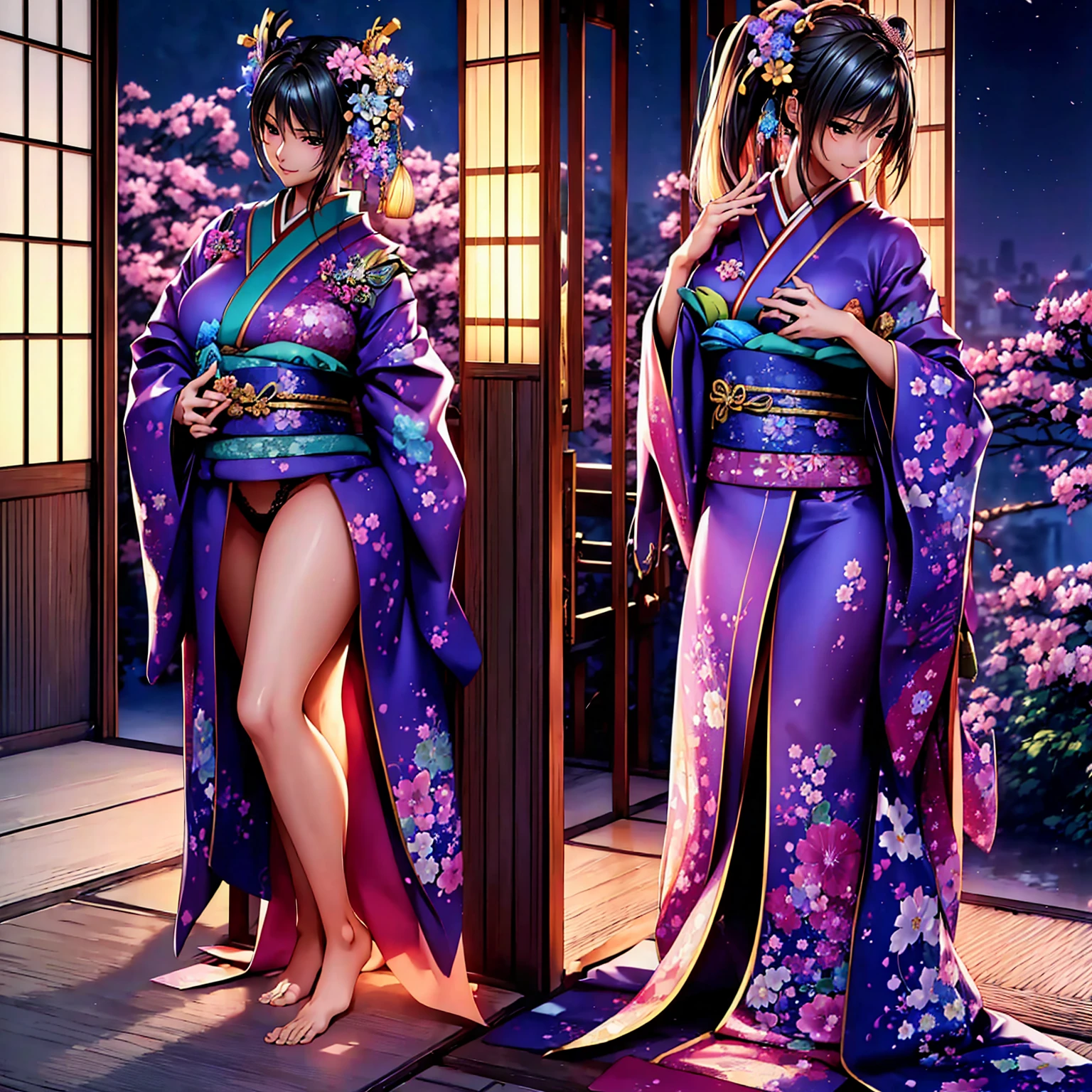 (((Highest quality、masterpiece、Very high resolution、Highly detailed images))),Beauty Painting,(A woman of perfect and ultimate beauty:18-year-old, Beautiful body:Slender and beautiful breasts、Beautiful Face:smile、Beautiful Hair:Colored)、(Best skin and hair texture)、((Beautiful Japanese Kimono:Floral:Exposed shoulders:Her bra and panties are visible through the gaps in her kimono.)),Japanese Castle:castle tower,Amazing night sky,Natural light,Beautiful views,Beautiful colors,Beautiful posture,The wind is blowing:Kimono sleeves flutter:Flowing Hair、Realistic skin and body textures:1.5、Realistic breast texture:1.5、(Beautiful posture:1.5)、Model pose、Sculpture Pose、Photo engraving、photo shoot、Overall image、Accurate Images、Accurate anatomy、Perfect Image,Beautiful images,(Best Shot,RAW Photos:1.2)