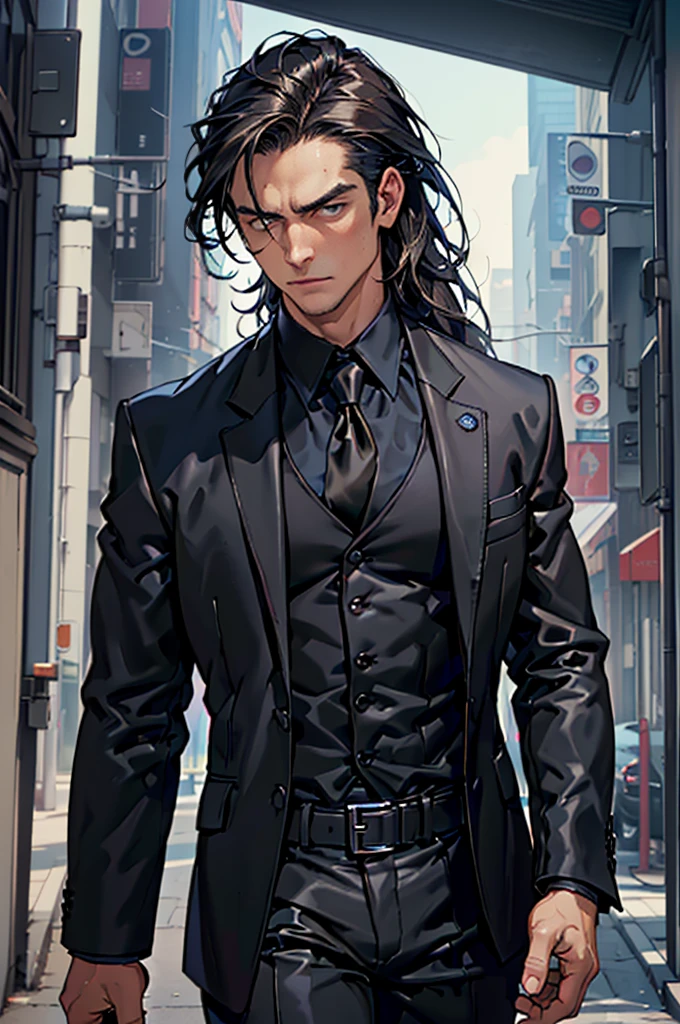 1male, dude, dude city background, cold stare, dead eyes, masterpiece, best quality, highly detailed,((suit, black jacket, black pants, black suit, blue shirt, tight shirt, fancy suit, business suit, very open shirt)), ((Leatherboots, militaristic boots, black boots)), long hair, brown hair, ((upper body:1.lightly above:1.4))