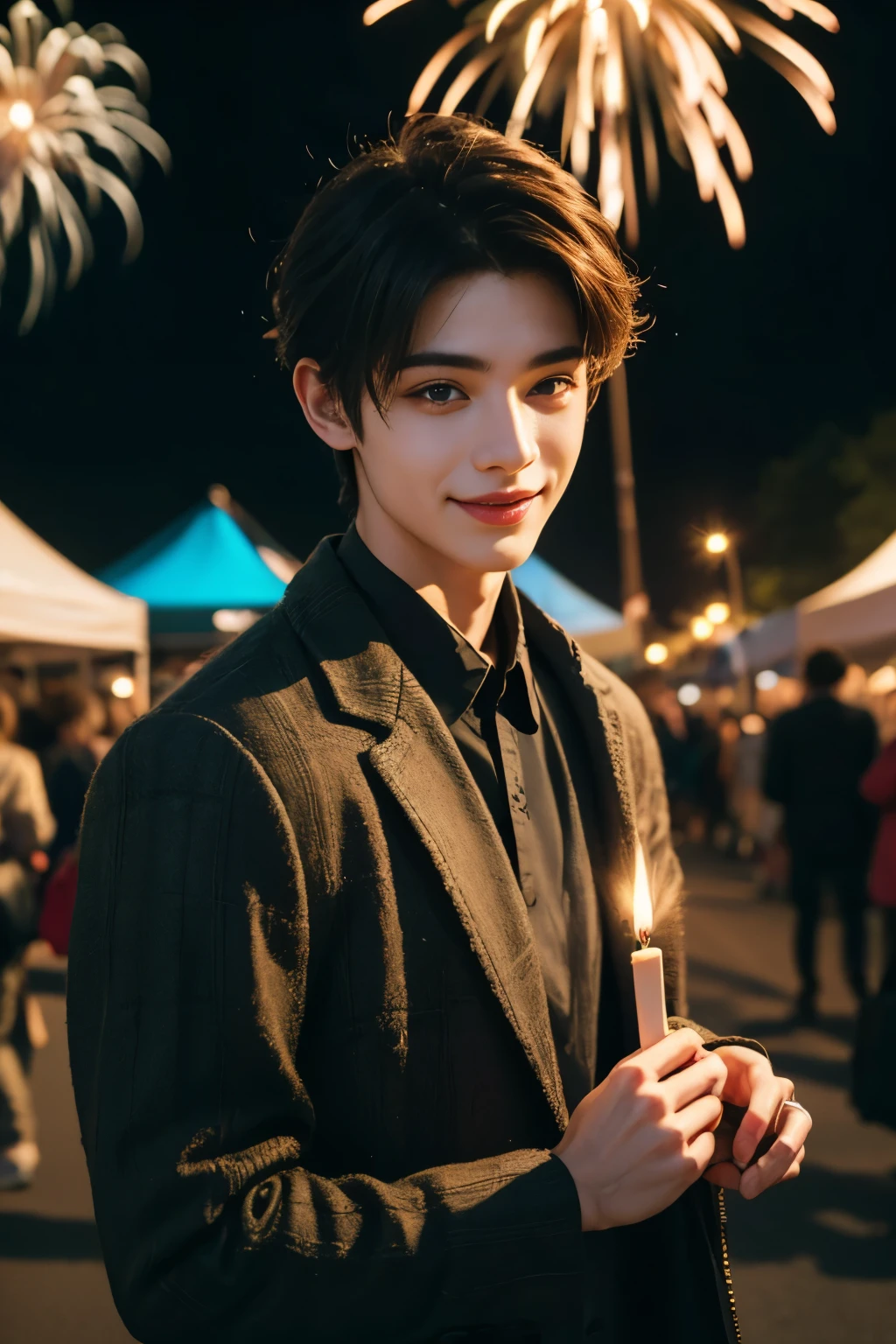 ((top quality, masterpiece, realistic: 1.4, in 8K)), bright, beautiful lighting, very detailed, meticulous, high quality, high resolution, man Gorgeous festival, fireworks, colorful, laughing, look at me, you look happy, beautiful nature, many flowers, fashionable clothes, transparent, many cakes, 22-year-old man, alone, in love with the viewer.Correct skeleton.
