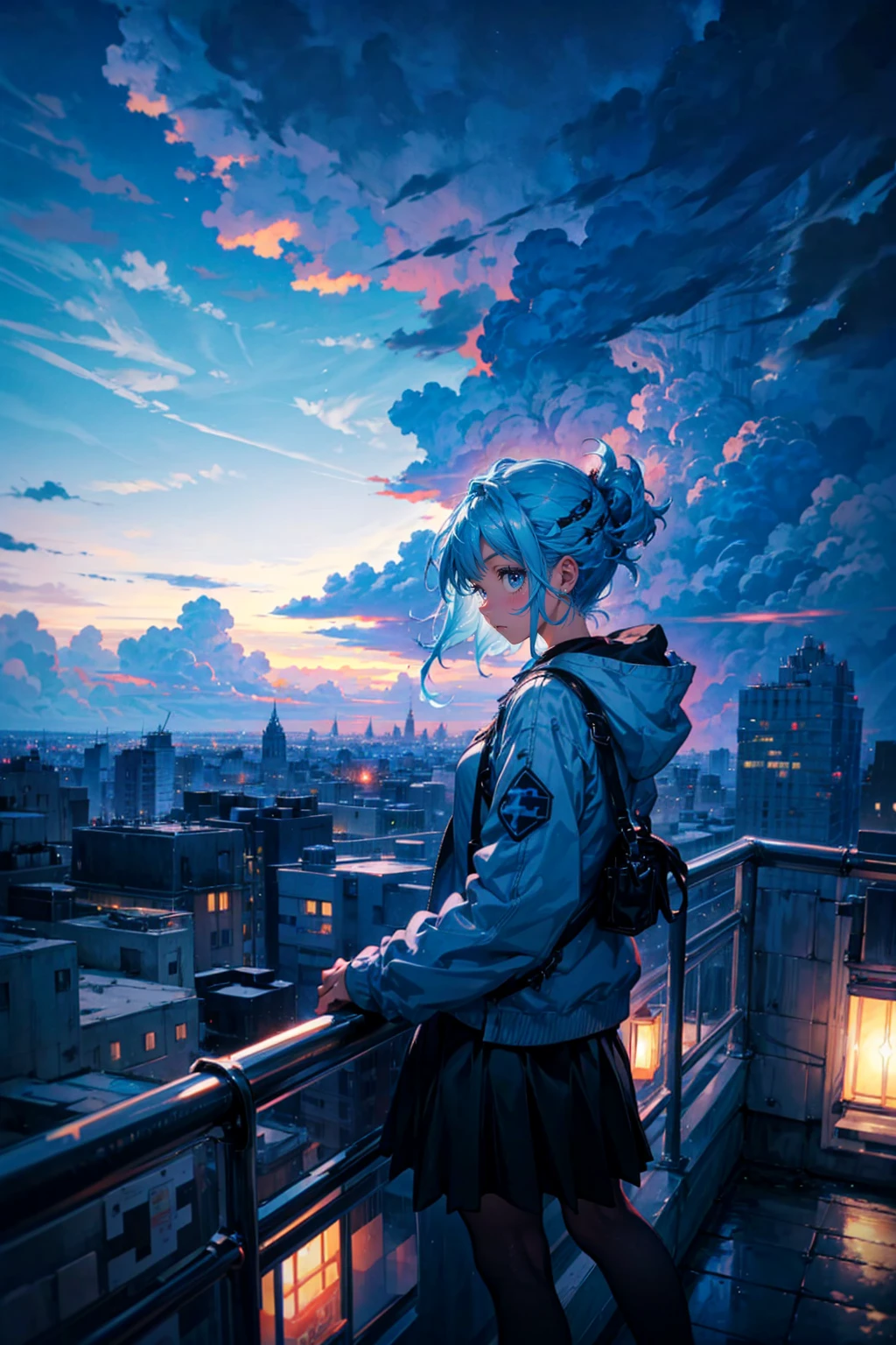 1girl,solo,cute,light blue hair,outdoor,cloudy,dark sky,thunder in the distance,over lookdown the city