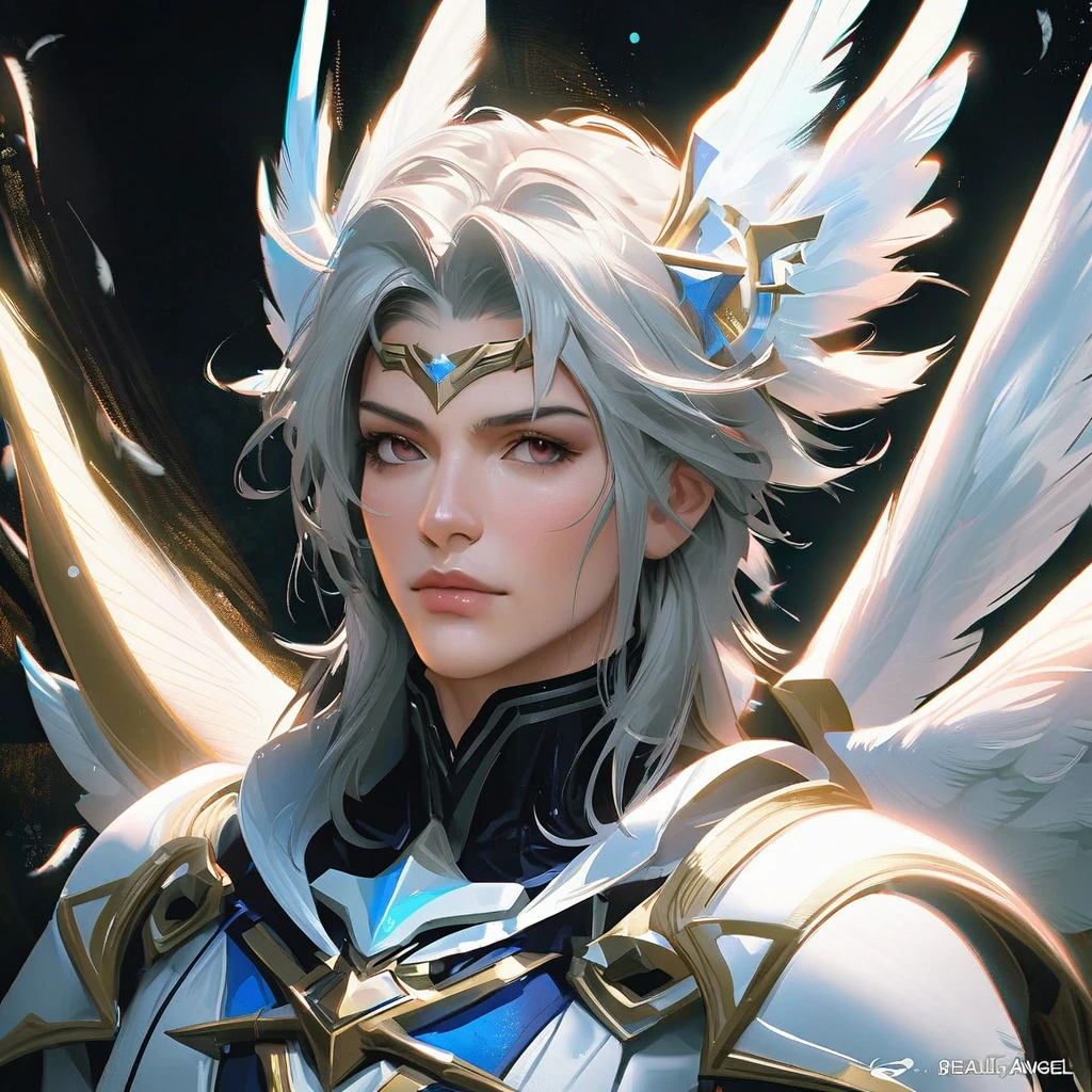 portrait angel man omega celestial with sacred armor, falling angel feathers, in the style of realism, 8k, estilo Angel Sanctuary, realisitic