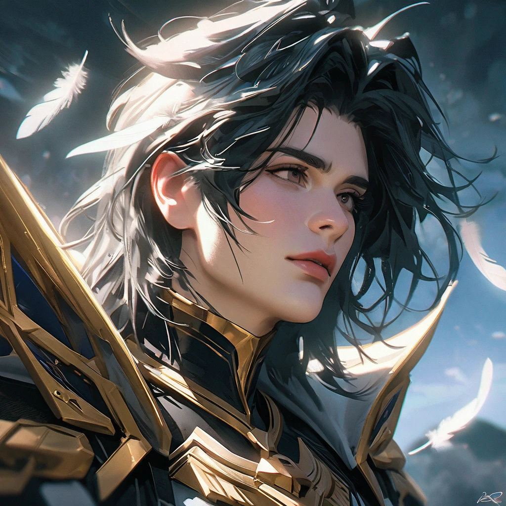 portrait angel man omega celestial with sacred armor, falling angel feathers, in the style of realism, 8k, estilo Angel Sanctuary, realisitic