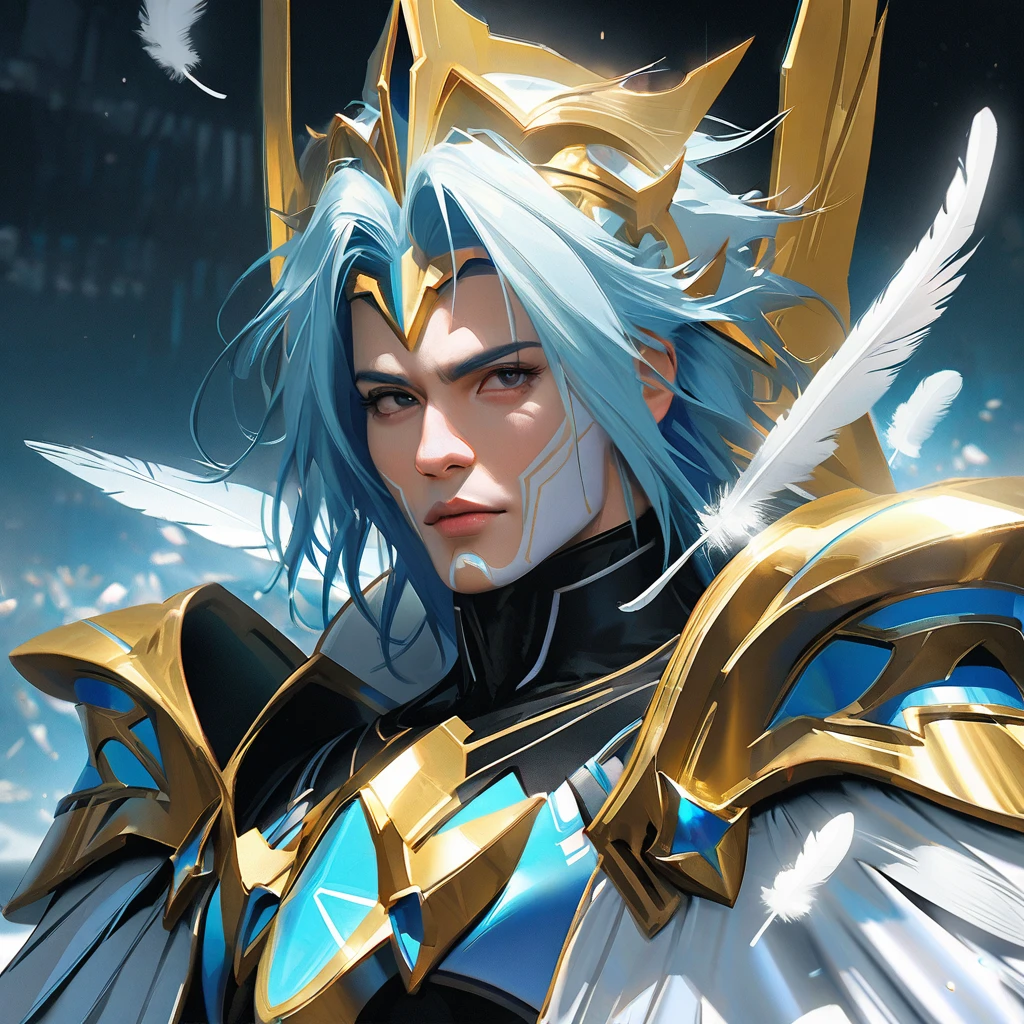 portrait angel man omega celestial with sacred armor, falling angel feathers, in the style of realism, 8k, estilo Angel Sanctuary, realisitic