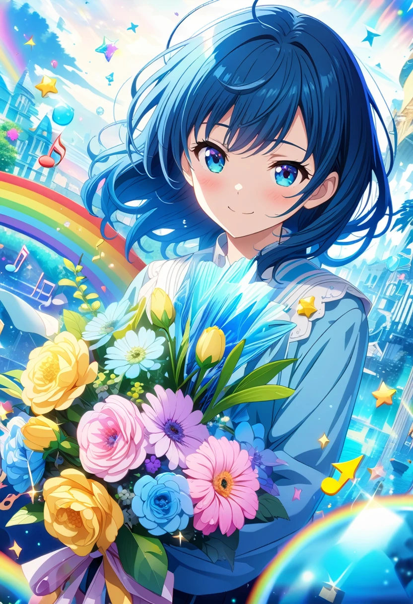 Anime style, ultra-detailed, 8K CG, blue-haired girl, smile, blue world, mysterious blue objects floating, star, musical note, rainbow, (holding a bouquet:1.4)