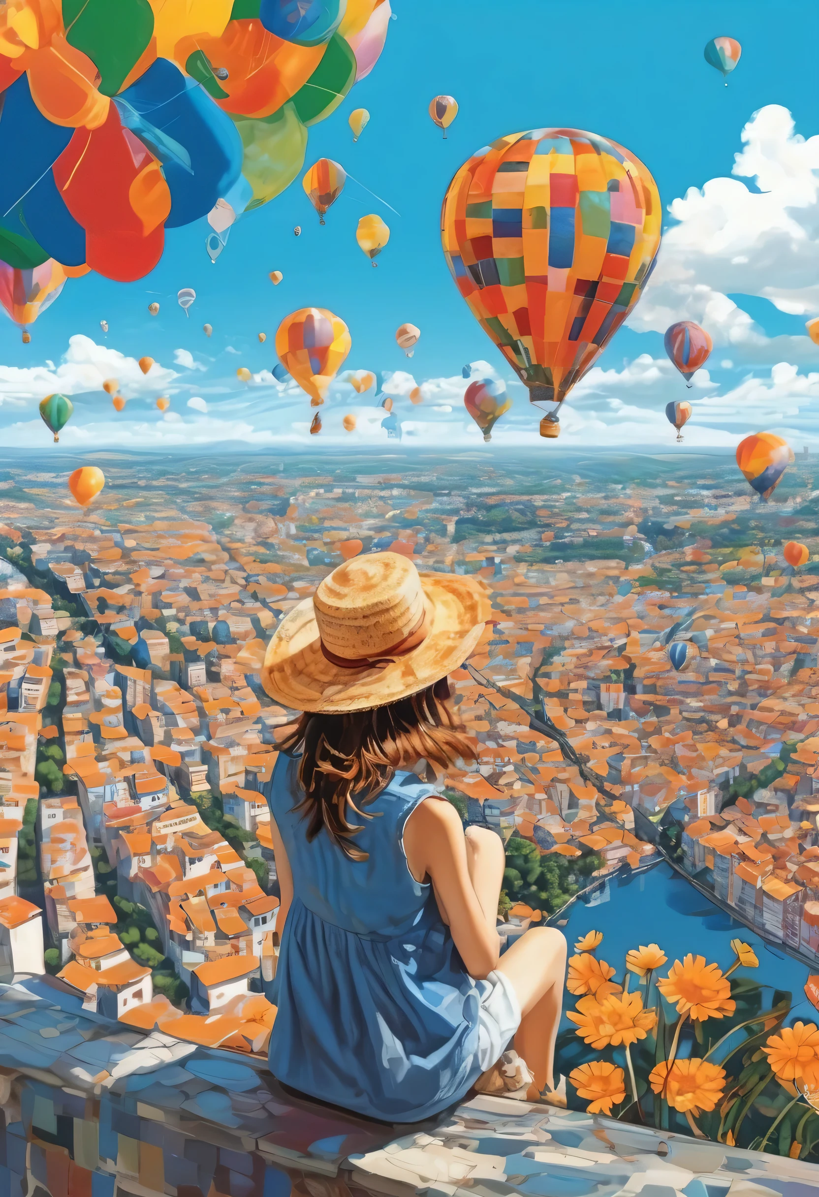 A girl sitting on a tricolor balloon、Girl in a straw hat、Smile、beautiful girl、profile、Flying high in the blue sky、Below you can see a small picture of the city.、Fancy、Pop Art、masterpiece、High definition、far and near method、warm color