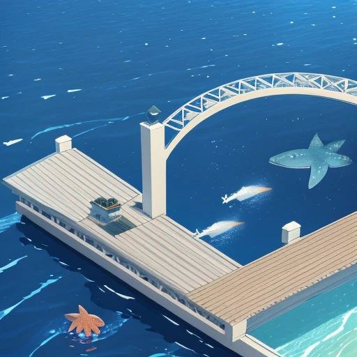 whale talking to a starfish, in the background an M-shaped bridge in a blue sea with little fish playing