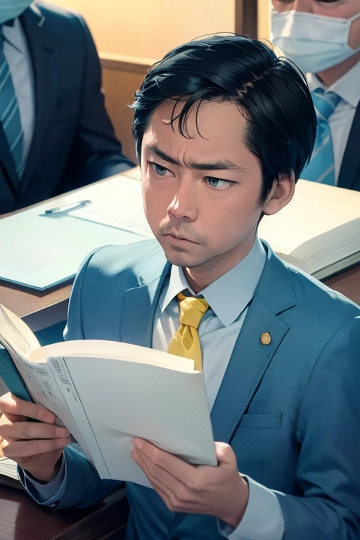 boy, alone, ((Light blue suit))、((Yellow collared shirt)), lawyer, (Court), (trial), ((Witness examination)), Legal Book, document, Court内, Tension, justice, Serious expression、Exaggerated attitude, 