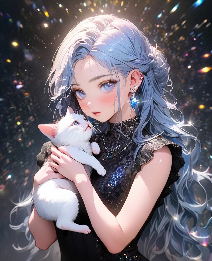 8K,gal，an extremely delicate and beautiful,Beautiful and realistic skin,Shiny jewel-like earrings,Shine like glitter long blue hair,beautiful eyes,glitter background,black tight knit dress,holding a kitten,full body