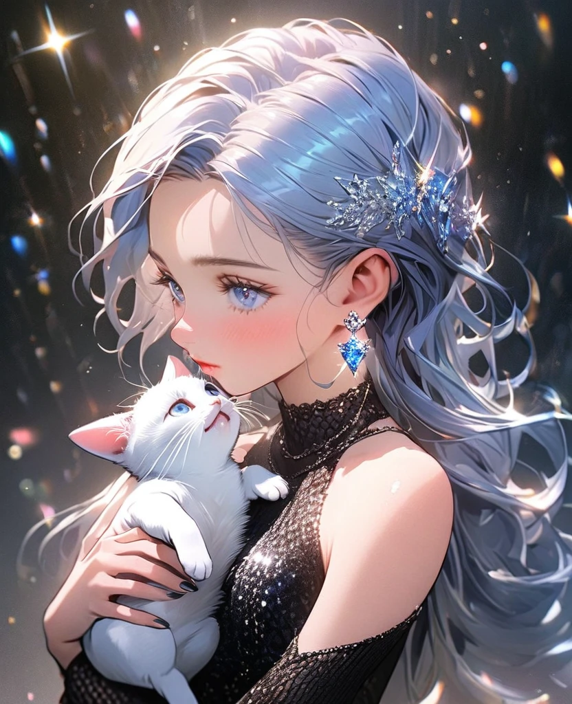 8K,gal，an extremely delicate and beautiful,Beautiful and realistic skin,Shiny jewel-like earrings,Shine like glitter long blue hair,beautiful eyes,glitter background,black tight knit dress,holding a kitten,full body