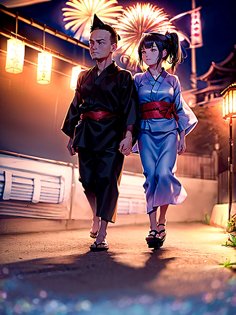 Masterpiece,Highest Resolution,Highest quality,(((Summer festival lovers))),A beautiful boy with a shaved head and a beautiful girl with cat ears walk hand in hand,night,stall,firework,(((yukata))),