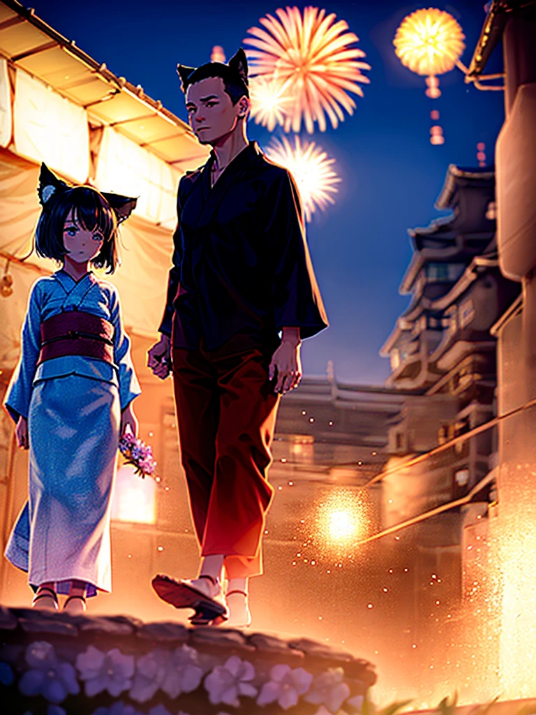 Masterpiece,Highest Resolution,Highest quality,(((Summer festival lovers))),A beautiful boy with a shaved head and a beautiful girl with cat ears walk hand in hand,night,stall,firework,(((yukata))),