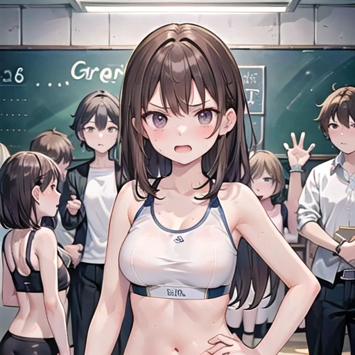 female teacher(36 years old、Brown Hair、tall、Big Breasts)and female student(12 years old、Flat Chest、Small children)Quarrel、Angry expression、Group photo、Sports Bra