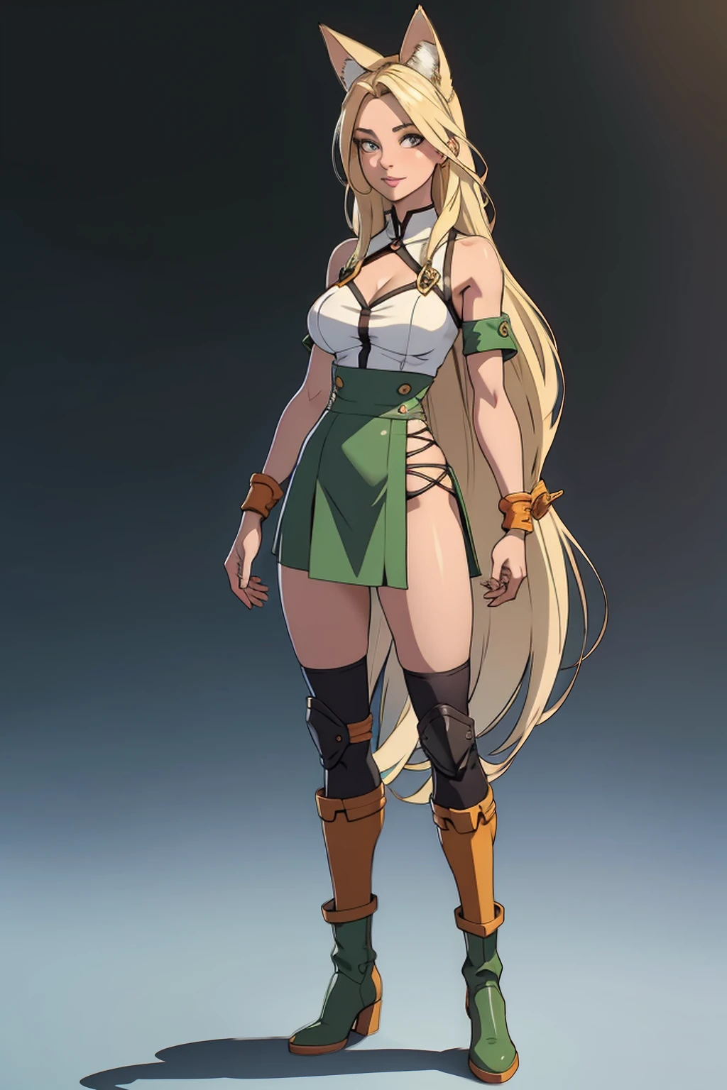 ((Full body photo, standing, feet on the floor)) Beautiful 1girl, full body, teenager, solo, (very long waist length blonde hair, straight blonde hair: 1.28), ((light blue eyes)), clear skin, (large darker fox ears: 1.35), pale skin, medium breasts, cleavage, (thin hips, thin waist , athletic body: 1.25),  background, looking away, (wearing cropped cloth tunic green, leather skirt, van braces, boots with shin guards, hair clip: 1.1), walking in the sand, masterpiece, best quality,3d rending work ,3DMM style, close-up, portrait, 3D,