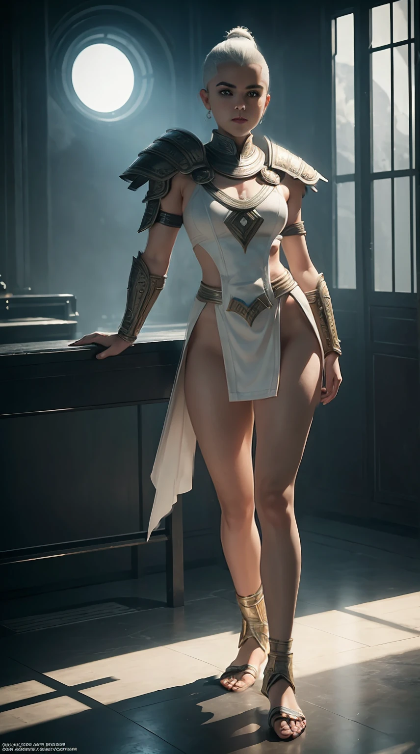 ((Full body photo, standing, feet on the floor))Kiernan shipka, white one side shaved haircut, in mortal kombat Shao Kahn outfit, full body, provocative pose, cinematic, intricate details, ray tracing, hell background.