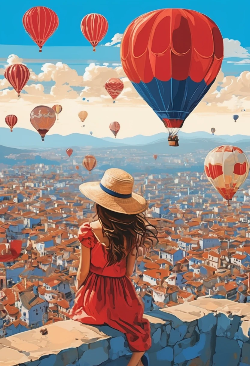 A girl sitting on a red, blue and white balloon、Girl in a straw hat、Smile、beautiful girl、profile、Flying high in the blue sky、Below you can see a small picture of the city.、Fancy、Pop Art、masterpiece、High definition、far and near method、warm color