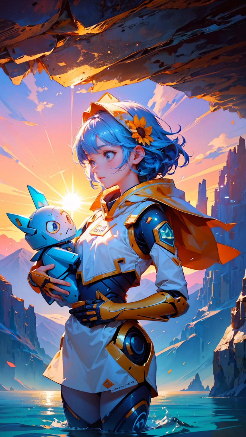 A cute girl with text "GOOD good morning" on its body and various carrying signs that say words like Earth, , animal, sun, wind, water, robot, sky, flower, mountain, cave, space, and star, features desert-like terrain with small mountains