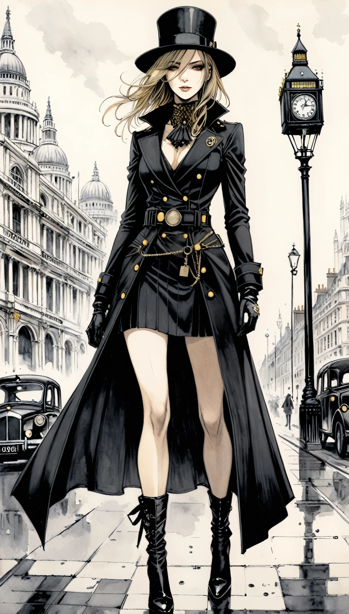 in style of Santiago Caruso,1girl,London Fashion,Female Agent,New era,