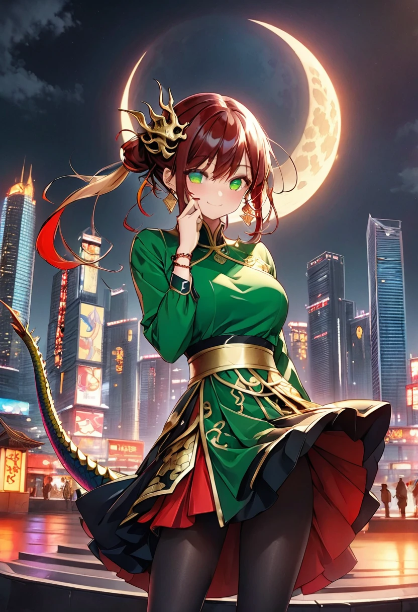 Appearance 1. Hair and eyes:With colours reminiscent of dragons、Hair is gradated from black to green and gold。The eyes are bright gold and emerald green.、Feel the power of a dragon。 2. tops:伝統的なチャイナドレスのデザインを取り入れたモダンなtops。for example、A tight-fitting shirt with a high neck and embroidery。The colors are mainly red and gold.。 3. Bottoms:Skirt and black leggings combo。The skirt has a design reminiscent of dragon scales and flames.、It can indirectly evoke the dragon.。 4. shoes:Stylish yet practical sneakers。for example、Simple design with gold and red accents。 Accessory 1. Decorations:Modern accessories with a dragon motif。Add some minimalist dragon-shaped earrings or bracelets.、You can emphasize the dragon image.。 background 1. background:A neon city illuminated by the moon。A row of futuristic skyscrapers、Draw a night cityscape with neon lights。On the moon, a silhouette that looks a bit like a dragon appears.、It indirectly reminds me of a dragon.。 Pauseとexpression 1. Pause:ブルース・リーを参考にした戦闘の最中のPause。Hold your left hand、Touching nose with right thumb。The presence of enemies should not be shown in the illustrations.。 2. expression:自信に満ちたexpressionや、With a slightly challenging smile、Strength and cuteness stand out。Concept Art、Lens flare、Fluorescent color、Hero、Cowboy Shot、sexy、nsfw