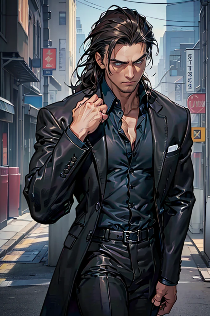 1male, dude, city background, cold stare, dead eyes, masterpiece, best quality, highly detailed,((suit, black jacket, black pants, black suit, light blue shirt, tight shirt, business suit, unbuttoned shirt)), ((Leather boots, militaristic boots, black boots)), long hair, brown hair, ((upper body:1.5)), ((slightly above:1.5))