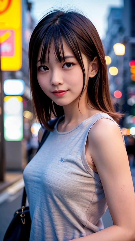 1 girl, Tokyo Street,night, Streetscape,City lights,Upper Body,close,smile,, (8k, RAW Photos, Highest quality, masterpiece:1.2),(Realistic, photo-Realistic:1.37),