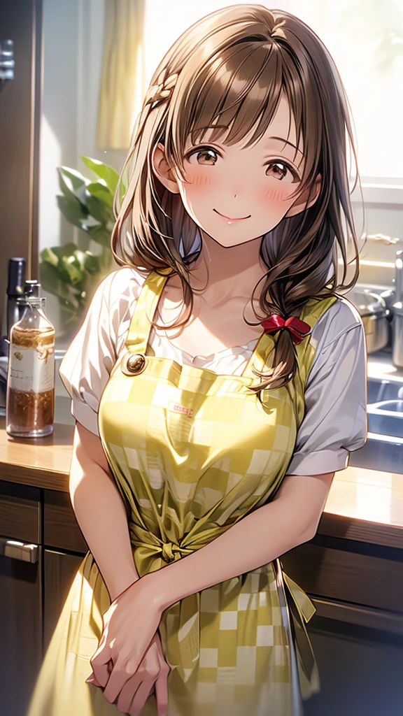 Highest quality、high resolution、High definition、HD、(Nitta Minami、Long Hair、Medium chest、Brown Hair、Brown eyes、Glossy lips、Glowing Skin、Realistic skin texture、Checkered apron、kitchen)、Staring at me、Love me、blush、Laughing with your mouth open)、(Depiction of only the upper body、Very close to me)