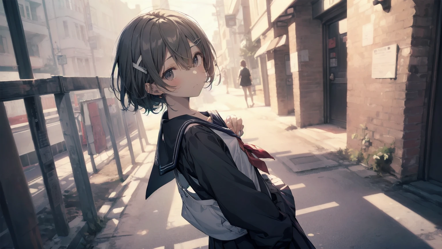 Highest quality, Anime Moe Art Style,Best Anime 8K Konachan Wallpaper,Pixiv Contest Winners,Perfect Anatomy, (Please draw a girl walking sleepily to school.... ),break, 1 Girl, (alone,,,:1.3),high school student, short hair, amount, (Hair above one eye:1.7),All limbs, Full Finger,Medium Chest, Between the legs, Small eyes,accurate black eyes, Hair Clip, (Sailor suit:1.5),(school uniform:1.5) skirt,On the way to school. break,Very detailed,High resolution,ultra high density skin, Professional Lighting,8K eye detail, (Cute illustrations:1.2),Expressionless,(Hair on one eye:1.5),Sailor suit,Only the face,Face is close