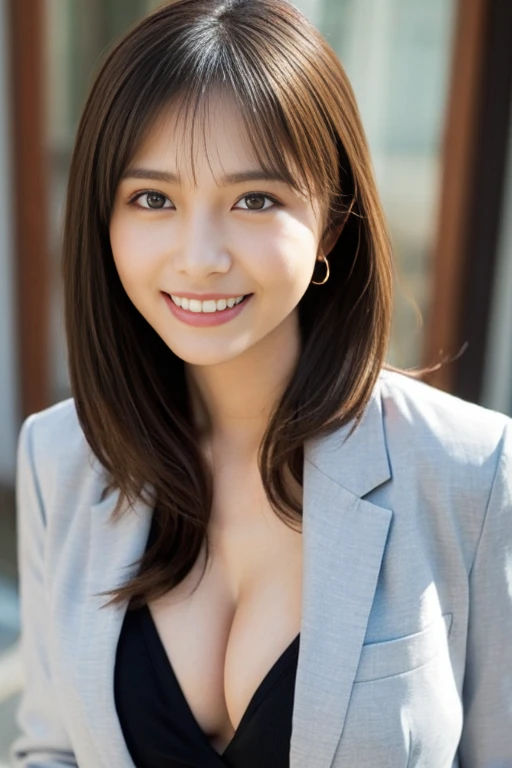 Aria, One girl, alone, Long Hair, (perfect face,droppy big eyes,symmetrical eyes:1.35), View the viewer, Suit jacket, Long sleeve, chest, shirt, Open jacket, Cowboy Shot, Open clothes, stripe, wear, Grey jacket, (toothy smile,中くらいのchest,cleavage, nakedshirt branca), Hair between the eyes, blazer, (Black panty, cameltoe,nipples,NSFW:1.05)