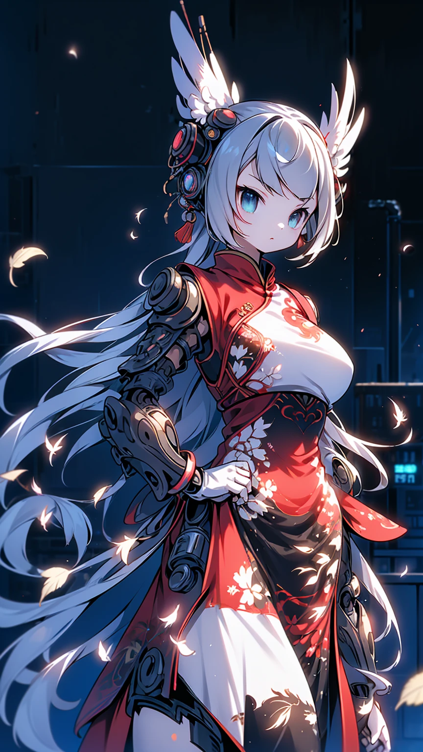 Cyberpunk style,bird girl,Bird Girl,Crane style,Crane element,black vs white,black vs white,White hair,White long hair,White clothes,harpy,wing,wing,Feather sleeves,wing袖子,White cheongsam,Feather costume,feather-adorned服装,feather-adorned,Feather hair card,Mechanical structure armor,Boxing gloves,Cyberpunk style装甲,Cyberpunk style服装,Kung Fu Girl Chinese Style,Fighting style,Cyberpunk style,Street background,赛博朋克Urban BackgroundStreet background,赛博朋克Street background,Urban Background,Standing posture,Fighting Stance,Fighting Stance,Boxing Stance,Boxing stance,Close-up above the waist,Ball head,White hair,White long hair,White hair