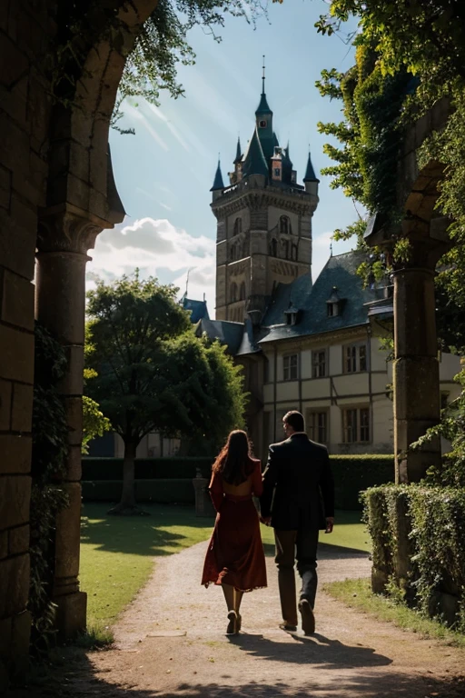 A grand, ancient count's castle in the heart of Thuringia, boasting several towering floors, stands majestically against a backdrop of a lush, emerald green park. The castle's imposing, massive door, adorned with intricate carvings, looms at the entrance, casting long shadows as the sun sets. A red car, silhouetted by the golden rays of the sunset, pulls up, revealing a woman and a man stepping out, their silhouettes adding a touch of mystery to the enchanting scene.