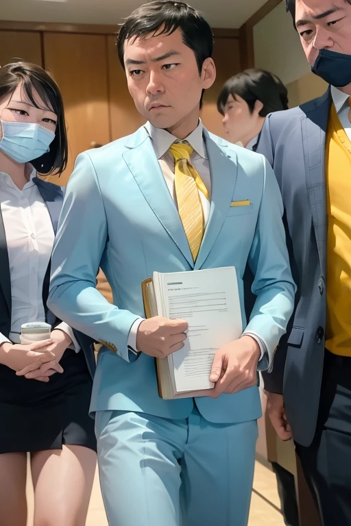 boy, alone, ((Light blue suit))、((Yellow Shirt)), lawyer, (Court), (trial), ((Witness examination)), Legal Book, document, Court内, Tension, justice, Serious expression、Exaggerated attitude, 