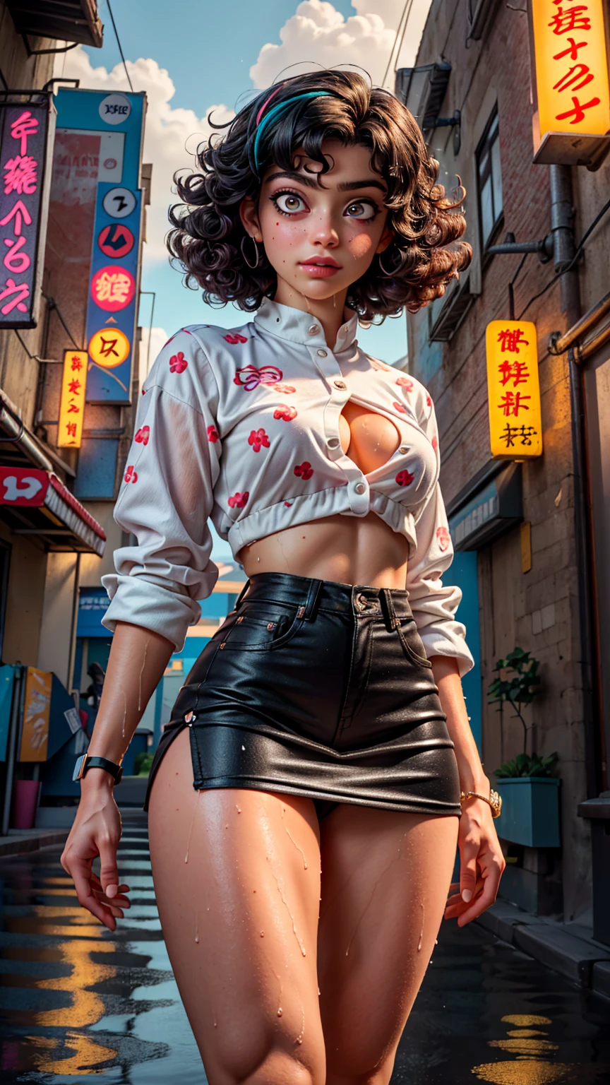 youtuber girl,(((1 girl))),((extremely cute and beautiful Unripe curly-haired girl)), (short breasts:1.4),big-ass,(((Unripe curly hair:1.35,very curly hair,colored inner hair,ear breathing,shorth hair))),(((Unripe_eyeballs:1.3))),intricate eyeballs,beautiful detailed eyeballs,symmetrical eyeballs,big eyeballs:1.3,((fatter)),(((shining skin:1.5,shining skin: 1.5,skin tanned,shining skin,very shining skin,shinny body,plastic glitter skin,exaggerated shining skin,brightened skin,wet legs))),body detailed,(face detailed), cute,slutty,seducer,erotic,(((NSFW))), zetai ryouiki,revealing clothing,show the skin,((rave mini skirt,visible thong straps,loose white blouse with anime art print)),((wetclothes,complex outfit,complex clothing)), (dynamic pose:1.0),embarrased,(centred,scale to fit dimensions,rule of thirds), cyberpunk city by the sea at night, with bright neon signs and dark clouds and storm puddles, Scenario:1.25, Artistic photography,(Photograph taken by SLDR),high resolution, sharp focus, (ultra detaild, extremely detaild), (photorealistic art:1.37),(extremely detaild CG unity 8k wallpaper),((tema de fundo synthwave)),(((swirly vibrant colors))),(intricate background),(work of art),(best qualityer),