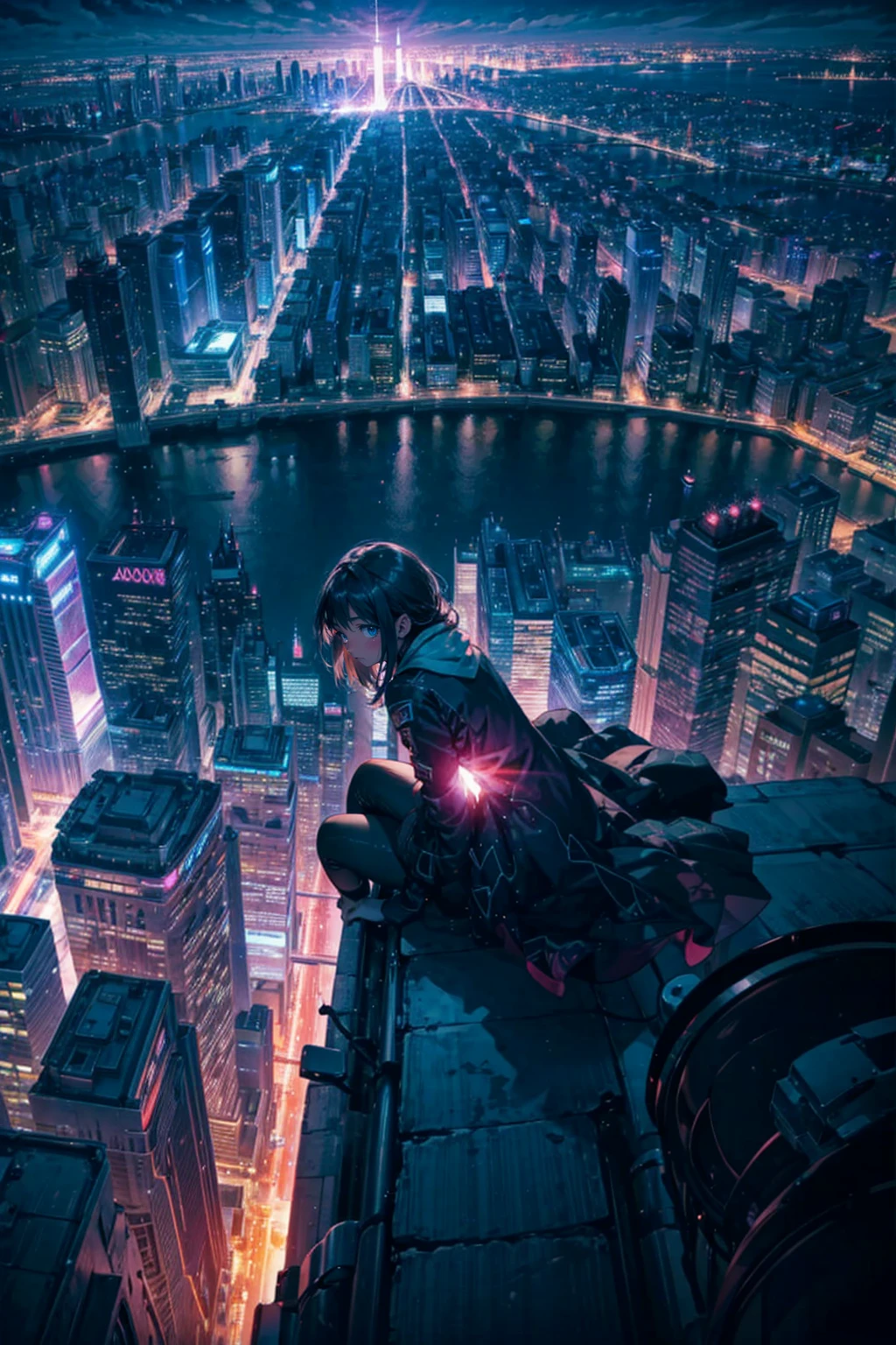 1girl,solo, cool,at night,gorgeous view,over lookdown the city,