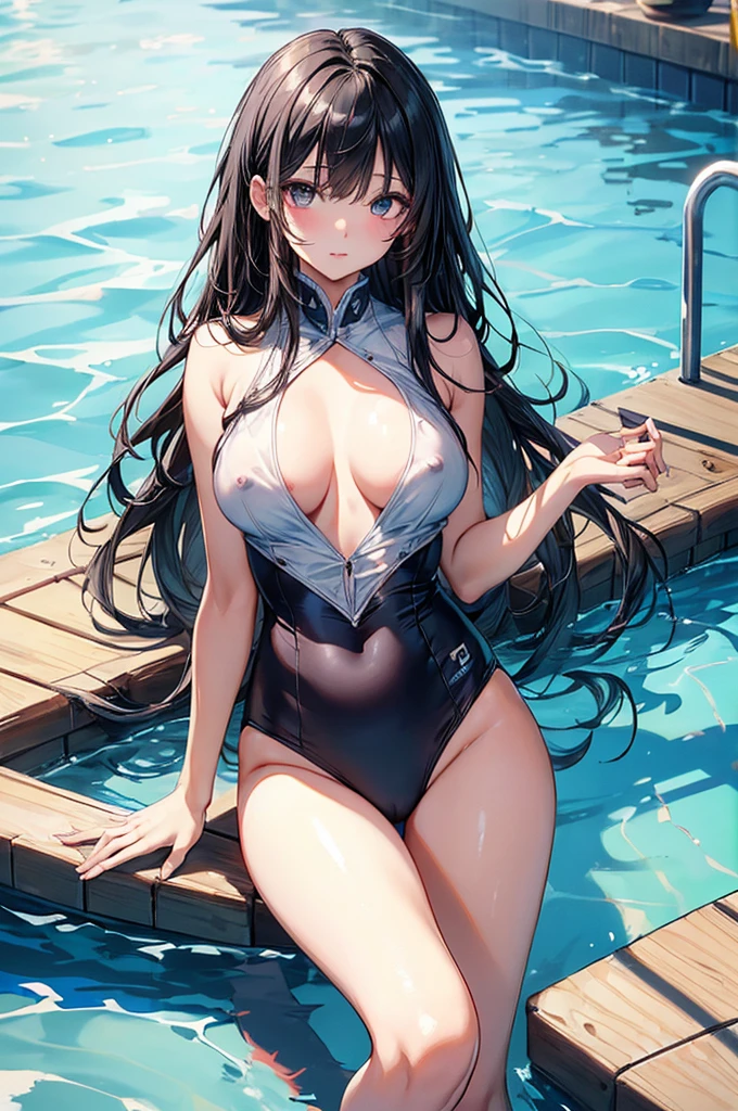 ((Highest quality))、((masterpiece))、(detailed)、((Anatomically correct))、(High resolution、8k)、(Beautiful Skin:1.1)、cowboy shot、One woman、Look at me、Shiny black hair、long hair、Straight Hair、(Beautiful eyes:1.2)、F Cup、School Swimsuit、Only nipples、School swimming pool
