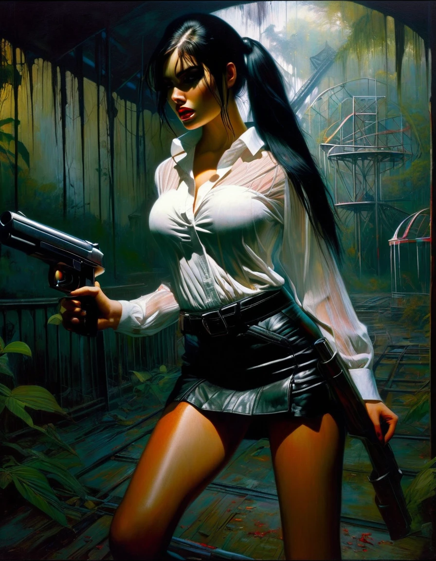 very sexy girl, braids, black hair, miniskirt, stockings, semi-open transparent white shirt, with a gun, blood, in an abandoned amusement park, abandoned attractions among vegetation. between shadows, oil painting, chiaroscuro, sensual, dramatic lighting, moody atmosphere, photorealistic, intricate details, masterpiece, ultra-detailed, high quality, 8k, best quality, realistic, cinematic, dark and brooding, expressionistic, powerful composition, emotional impact, Bill Sienkiewicz inspired art
