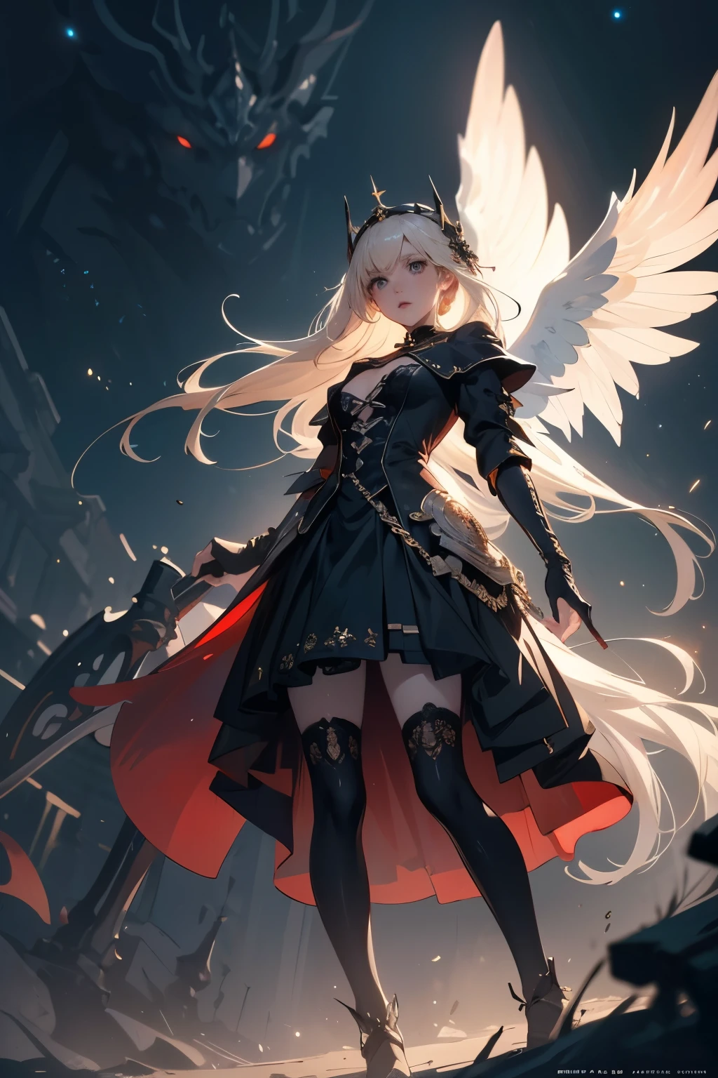 ((best quality)), ((masterpiece)), (detailed), perfect face, a beaituful goddess valkyrie enshrined in armour, grand in scale and intricacy, Bloodborne inspired valkyrie, occult aesthetic, occult, detailed and intricate steampunk and detailed gothic, Very dramatic and cinematic lighting, cosmic horror, grim dark, Red and white with a sense of technology, side-lighting, NSFW, Depicting female characters from ethereal anime in a high-quality anime art style, gothic lolita, beautiful small breasts, full body, whole body, body