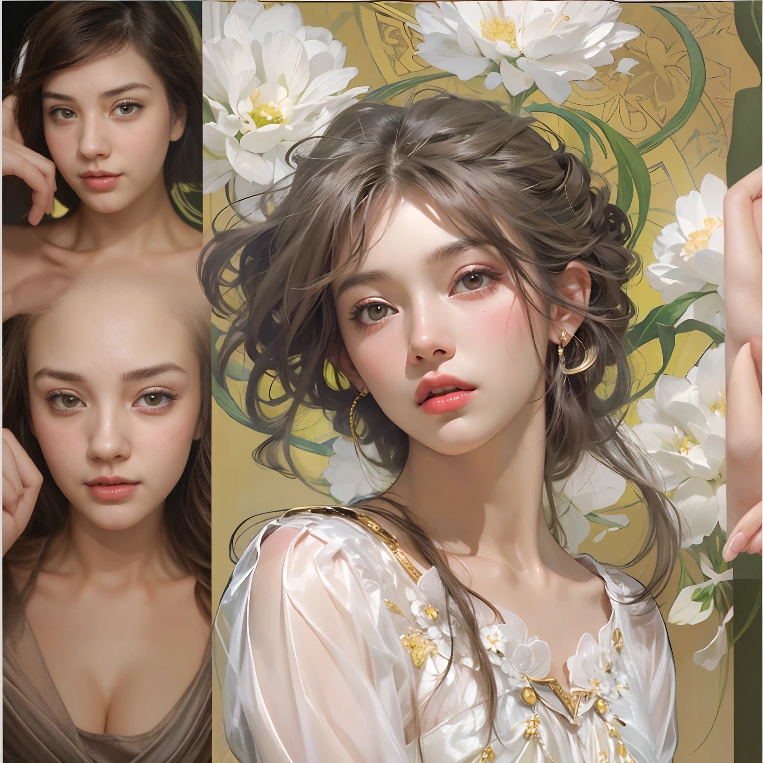 Vertical face of ridiculous beauty, funny, elegant,, Fashionable age girl with white petals in her hair, Slim, highly detailed illustrations by Kim Jung Gi., อิloveว่ายน้ํา, Directed by: Alphonse Mucha, Ayami Kojima, love, Greg Hildebrandt, Mark Brooks, female, ของผู้female, complex line of work