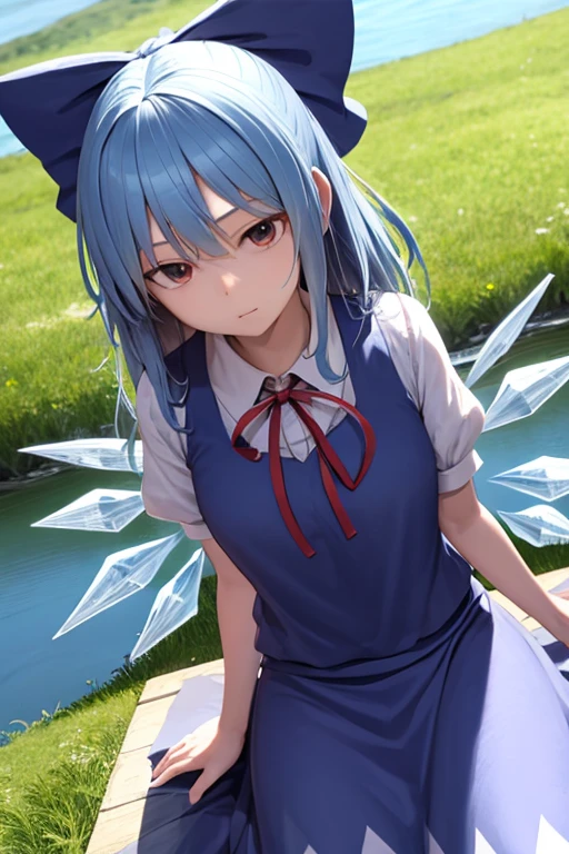 Big cirno touhou a long hair wear shirt wear skirt adult body big headbow an adult blue shirt near a lake not realistic