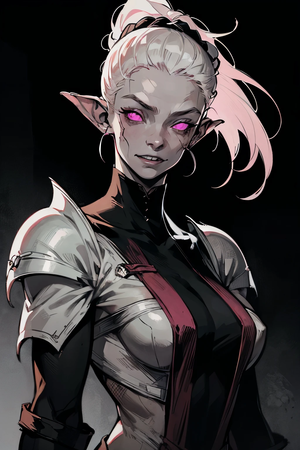 Pale skin, Patchy skin, prominent veins, dark veins, gray hair, black_circles under the eyes, pink eyes, black_sclera, woman, warrior, armor, Broad smile, Sharp teeth, closed clothing, Pointed ears, dark background ((Best quality))