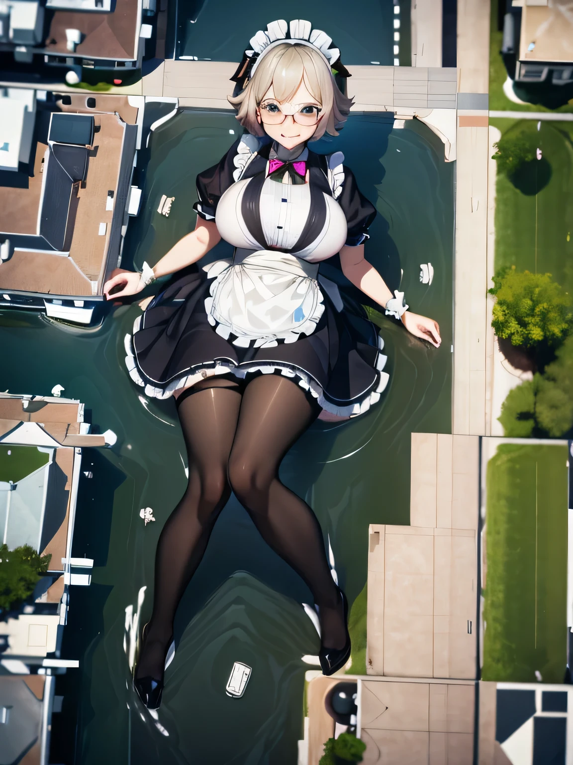 multiple girls, 3girls, lying, giantess art, highly detailed giantess shot, giantess, most detailed, perfect face, two legs, five fingers, short hair, beautiful girl bigger than a skyscraper, wearing rimless glasses, smiling, huge breasts, maid, maid outfit, black pantyhose, no shoes, toes visible through pantyhose, steam coming out of soles of feet, seaside metropolis, ocean, destroying city, under heavy attack, very small metropolis, miniature metropolis, full body depiction, GTS, giga giant, trampling city, crashed city, small city, micro city, pantyhose feet, high resolution, best quality, masterpiece,