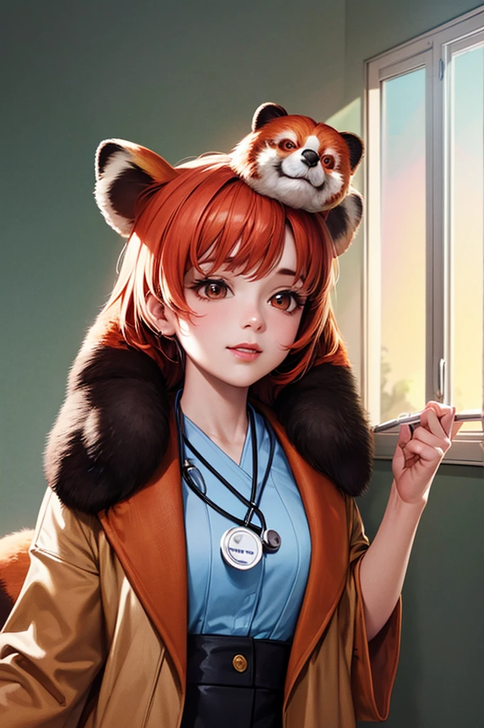(masterpiece, 最high quality, Highly detailed CG, Intricate details: 1.2), 8k wallpaper, masterpiece, 最high quality, Prizes limited, high quality, Super Detail, Attention to detail, Textured skin, cute, Ultra-high resolution, Anatomically correct, Pixar Style, (A cute Red Panda Wearing doctor's Coat: 1.2), doctor, Happy sweet smile. fairy tale, Bright colors, Natural light, Face focus, Simple Background