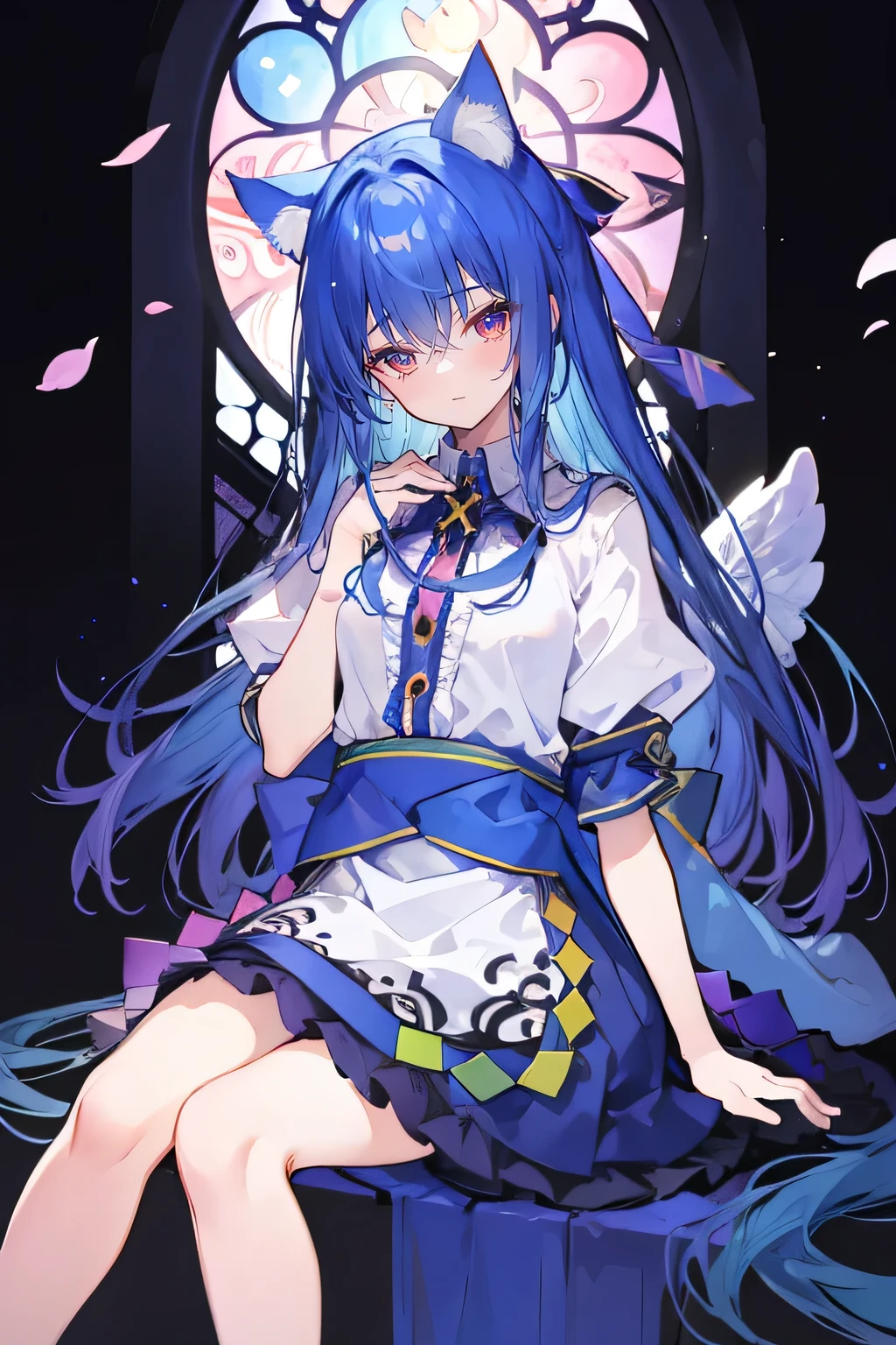 (masterpiece:1.2),Extremely detailed,Practical,expressive eyes,Fair skin,Perfect face shaping,1 Girl,
Japanese cartoons,Gorgeous blue hair, the long flowing blue hair,Floating clothes,Cat ears,Petals fall,beautiful lola,Young Angel,
Place your hands on your waist,sit elegantly on the ground,Cross your legs,Gentle and peaceful background,stately church,Place your hand on your lips。