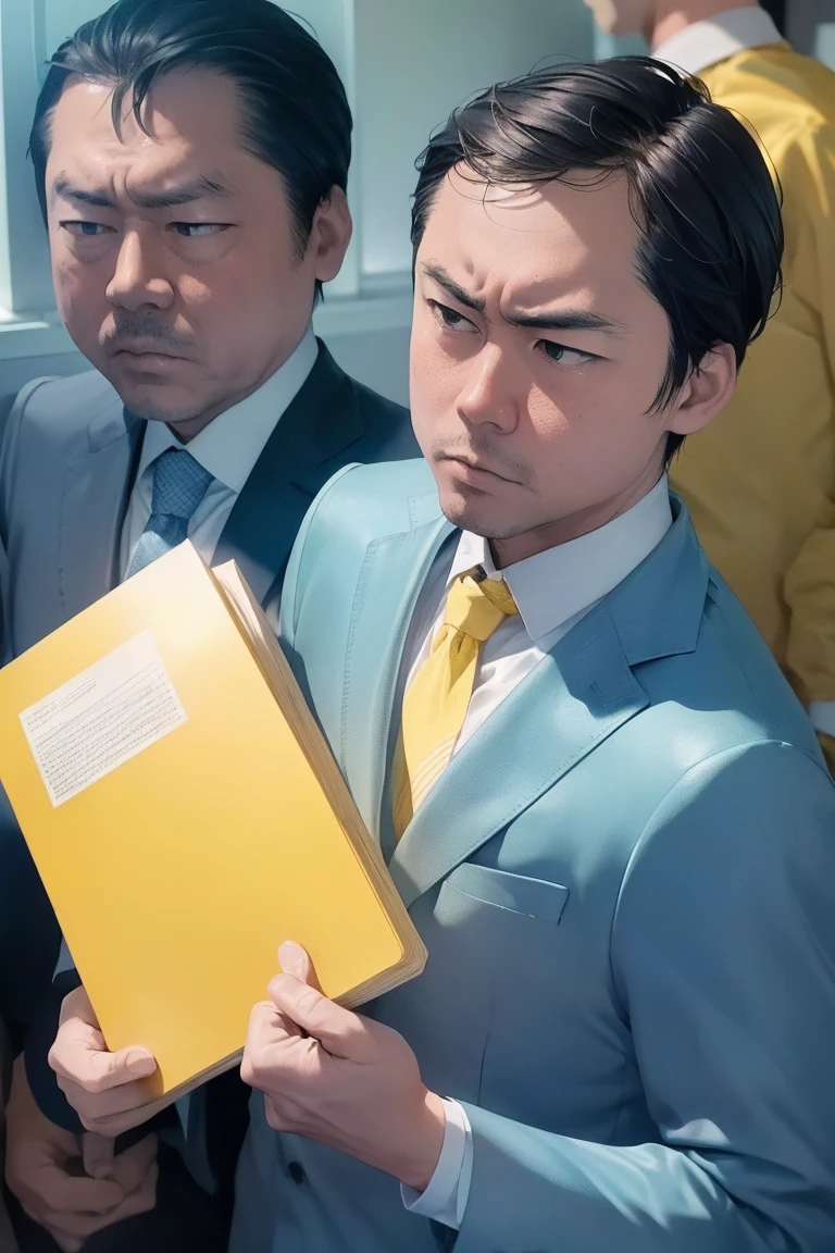 boy, alone, ((Light blue suit))、((Yellow Shirt)), lawyer, (Court), (trial), ((Witness examination)), Legal Book, document, Court内, Tension, justice, Serious expression、Exaggerated attitude, 