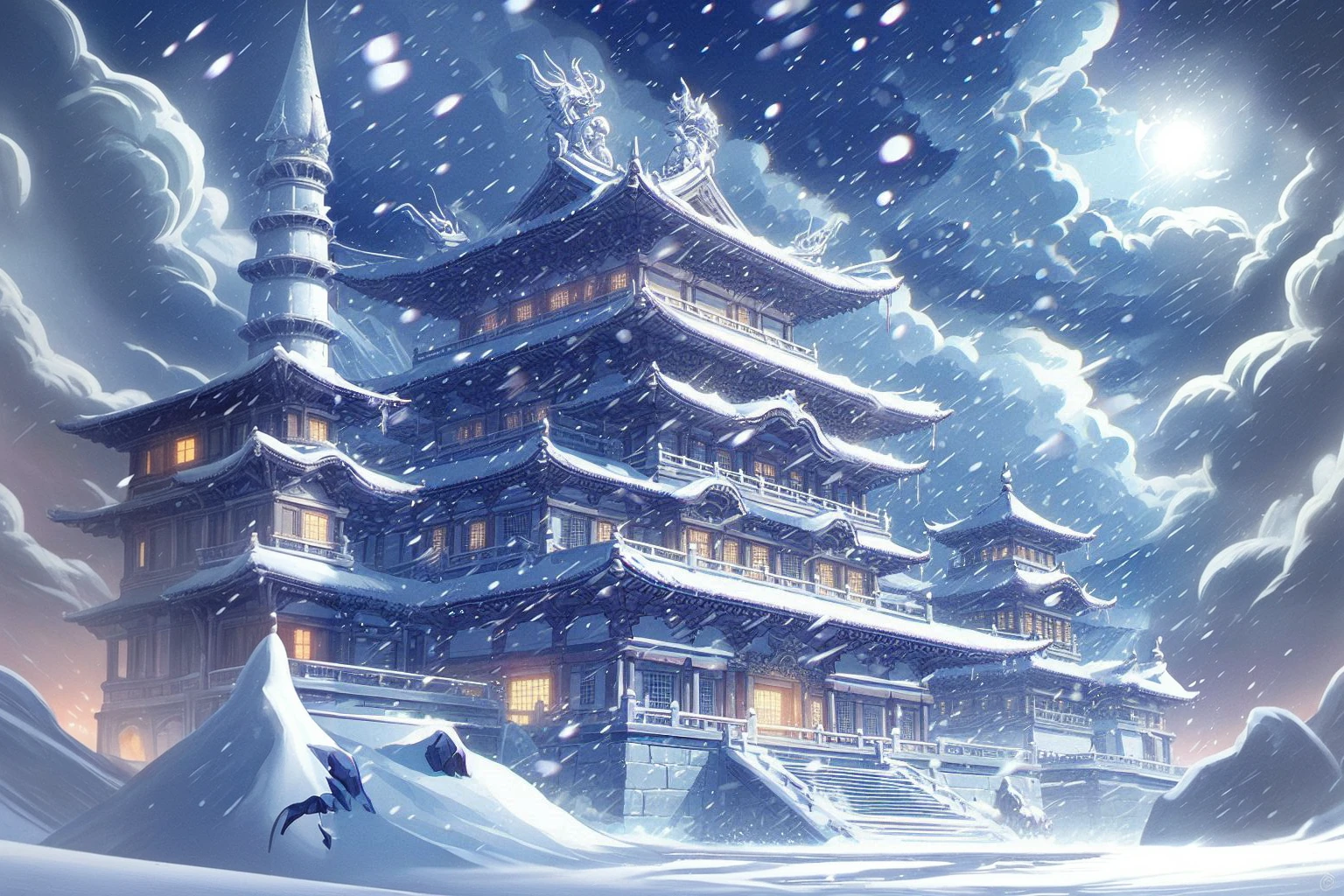 blizzard hitting a snow palace in anime style