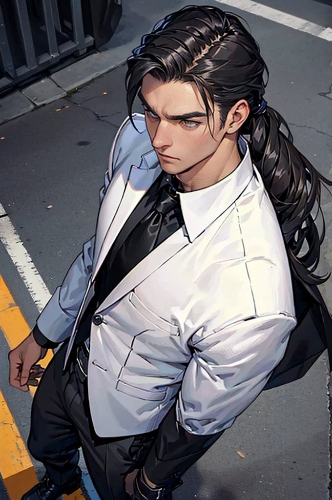 1male, dude, young adult, 25yr, city background, cold stare, dead eyes, masterpiece, best quality, highly detailed,((suit, black jacket, black pants, black suit, white shirt, tight white shirt, business suit, unbuttoned shirt)), ((Leather boots, militaristic boots, black boots)), long hair, brown hair, ((upper body:1.5)), ((slightly above:1.5))