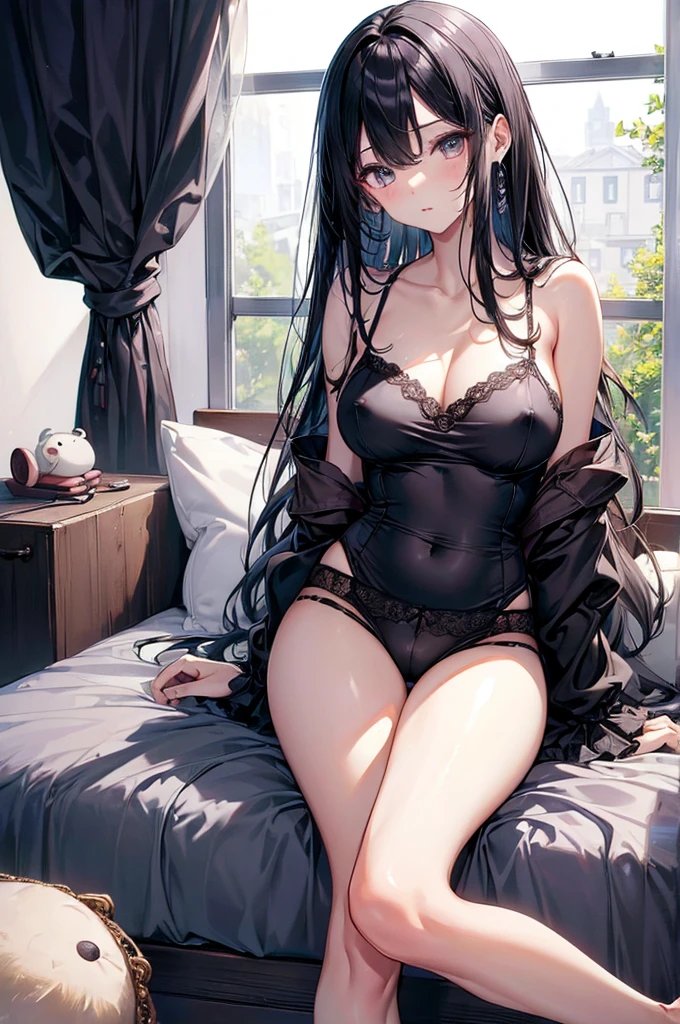 ((Highest quality))、((masterpiece))、(detailed)、((Anatomically correct))、(High resolution、8k)、(Beautiful Skin:1.1)、One woman、Look at me、Shiny black hair、long hair、Straight Hair、(Beautiful eyes:1.2)、camisole、Erect nipples、Shorts、White Room、stuffed toy、window
