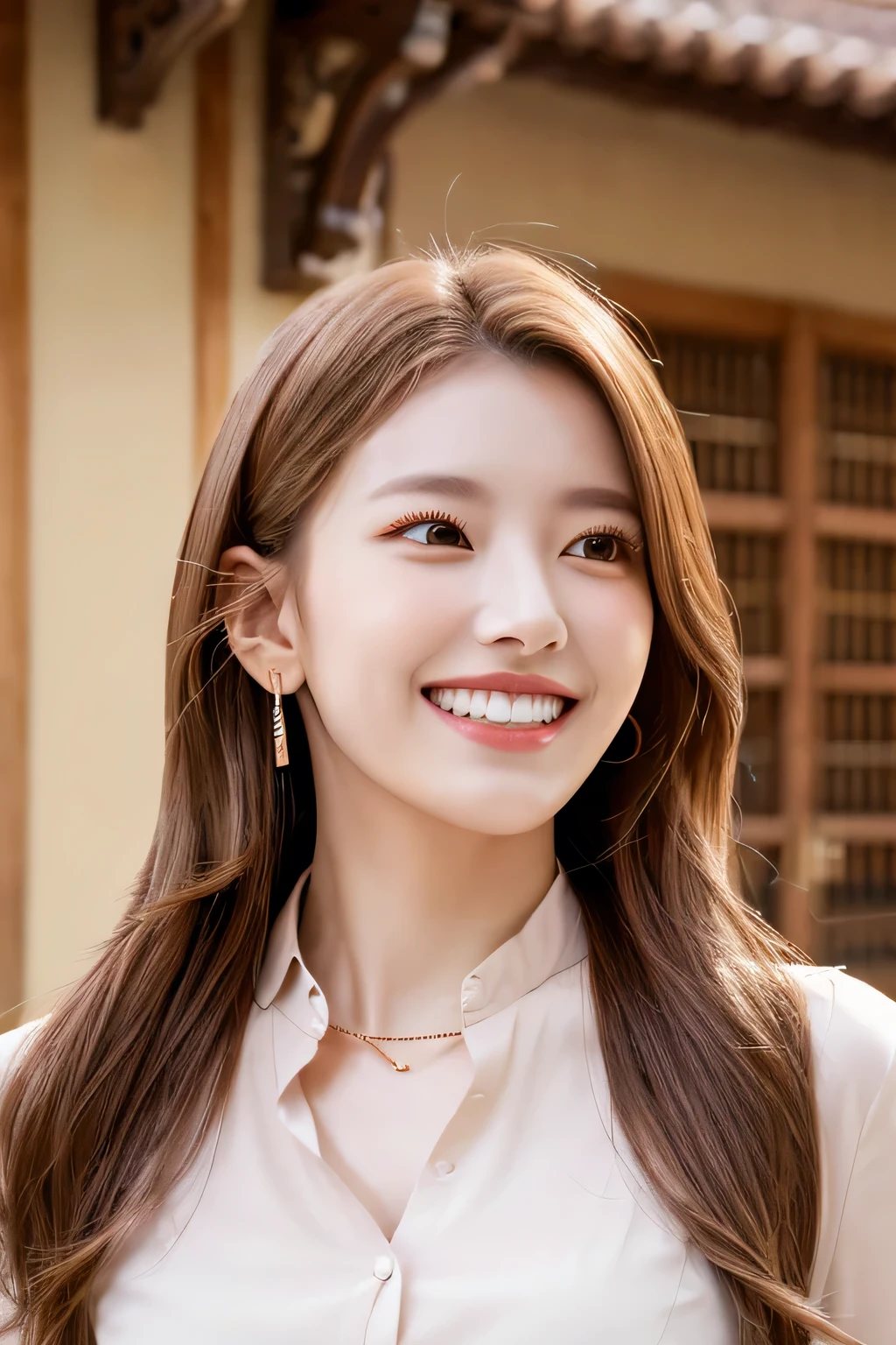 ８Ｋ、highest quality、Clear Beauty、Light brown hair、smile、Beautiful teeth alignment、Long sleeve blouse、Ear piercing、Necklace around the neck、The background is the building&#39;s corridor.

